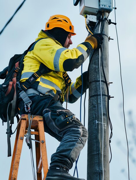 A man wearing a hard hat is stands or working on a electric power line or repairing the network