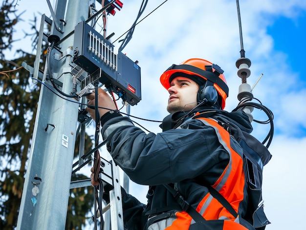 A man wearing a hard hat is stands or working on a electric power line or repairing the network