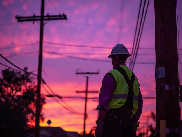 A man wearing a hard hat is stands or working on a electric power line or repairing the network