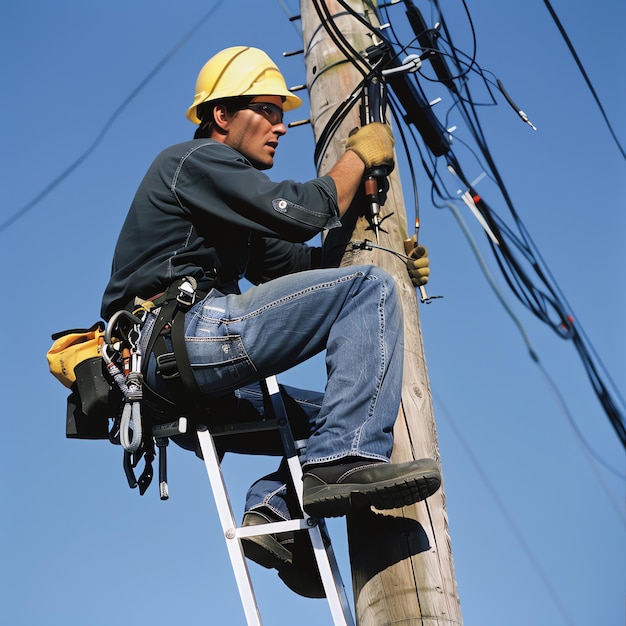 A man wearing a hard hat is stands or working on a electric power line or repairing the network