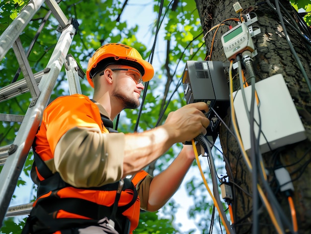 A man wearing a hard hat is stands or working on a electric power line or repairing the network