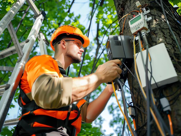 Photo a man wearing a hard hat is stands or working on a electric power line or repairing the network