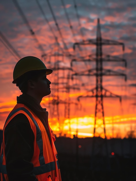 A man wearing a hard hat is stands or working on a electric power line or repairing the network