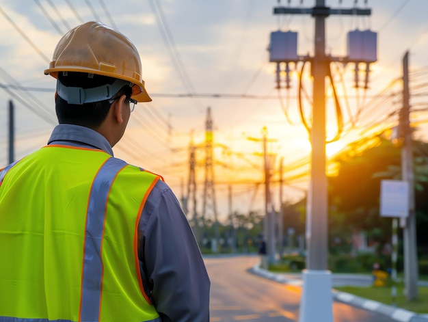 A man wearing a hard hat is stands or working on a electric power line or repairing the network