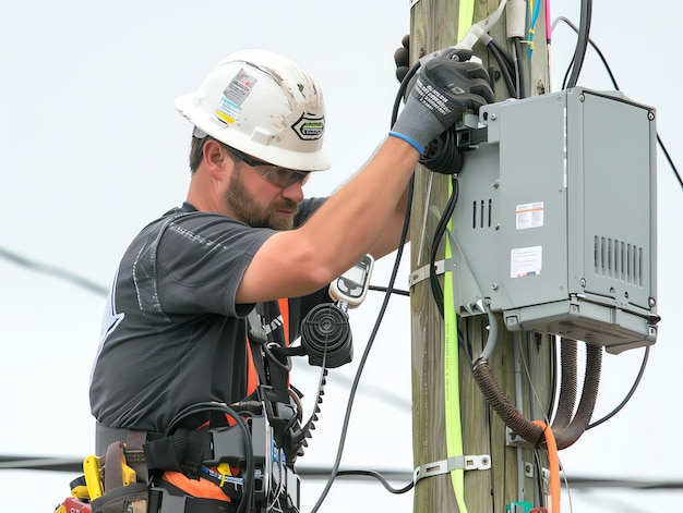 A man wearing a hard hat is stands or working on a electric power line or repairing the network