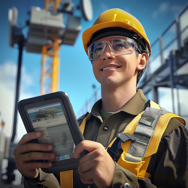 A man wearing a hard hat is stands or working on a electric power line or repairing the network