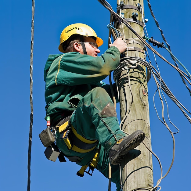 A man wearing a hard hat is stands or working on a electric power line or repairing the network