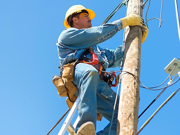 A man wearing a hard hat is stands or working on a electric power line or repairing the network