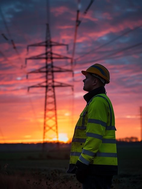 A man wearing a hard hat is stands or working on a electric power line or repairing the network