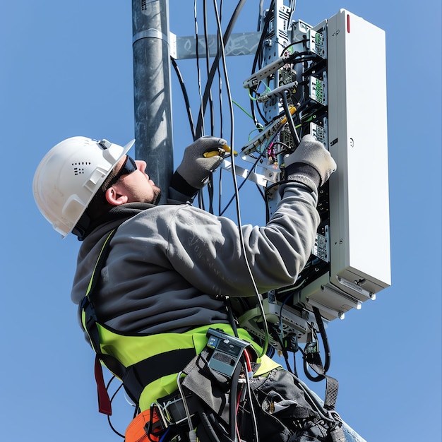 A man wearing a hard hat is stands or working on a electric power line or repairing the network