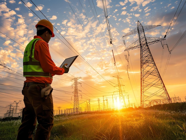 A man wearing a hard hat is stands or working on a electric power line or repairing the network