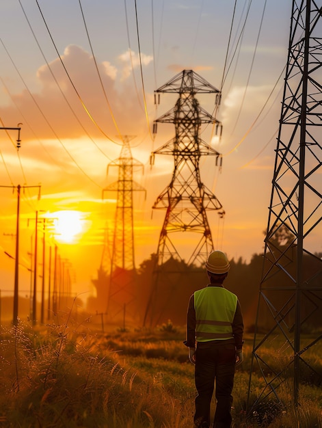 A man wearing a hard hat is stands or working on a electric power line or repairing the network