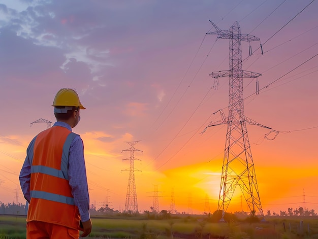 A man wearing a hard hat is stands or working on a electric power line or repairing the network