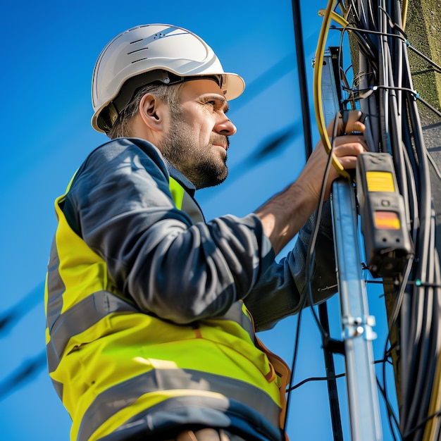 A man wearing a hard hat is stands or working on a electric power line or repairing the network