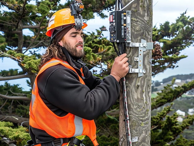 Photo a man wearing a hard hat is stands or working on a electric power line or repairing the network