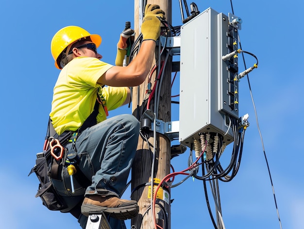 A man wearing a hard hat is stands or working on a electric power line or repairing the network