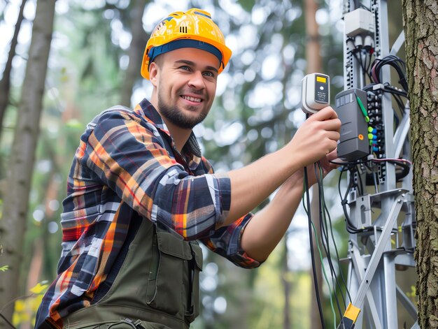 Photo a man wearing a hard hat is stands or working on a electric power line or repairing the network