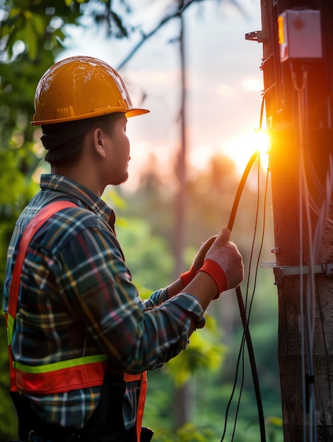 Photo a man wearing a hard hat is stands or working on a electric power line or repairing the network