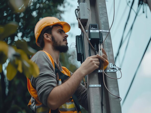 Photo a man wearing a hard hat is stands or working on a electric power line or repairing the network