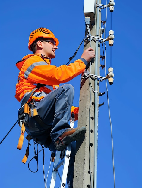 A man wearing a hard hat is stands or working on a electric power line or repairing the network