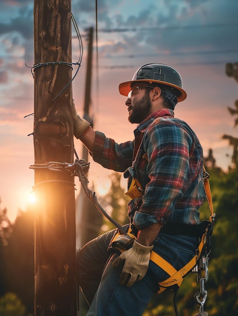 A man wearing a hard hat is stands or working on a electric power line or repairing the network