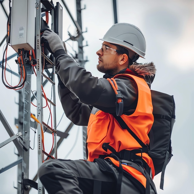 A man wearing a hard hat is stands or working on a electric power line or repairing the network