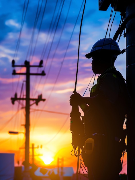 A man wearing a hard hat is stands or working on a electric power line or repairing the network