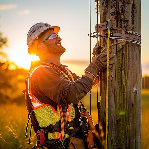 A man wearing a hard hat is stands or working on a electric power line or repairing the network