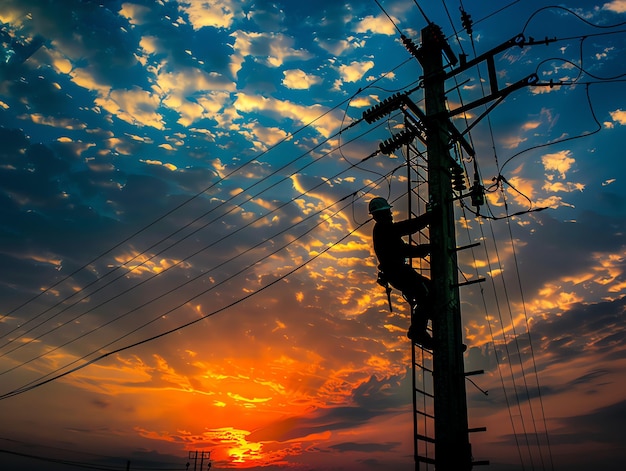 A man wearing a hard hat is stands or working on a electric power line or repairing the network