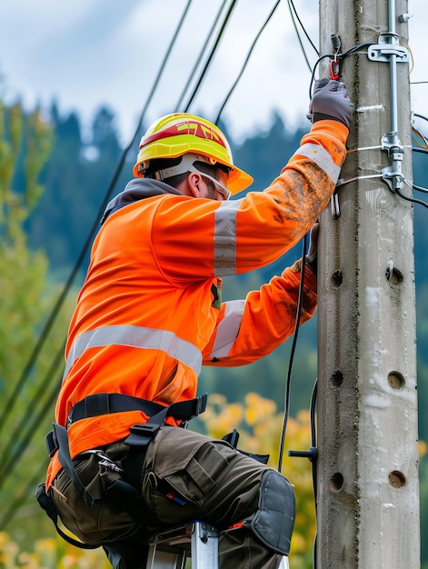 A man wearing a hard hat is stands or working on a electric power line or repairing the network