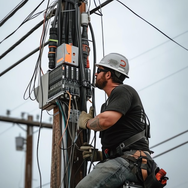 A man wearing a hard hat is stands or working on a electric power line or repairing the network