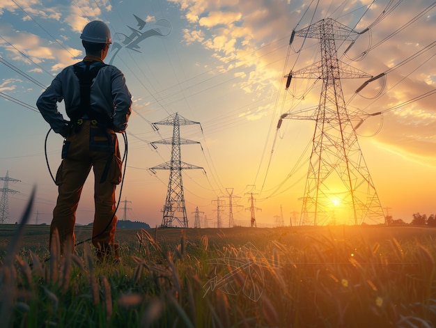 A man wearing a hard hat is stands or working on a electric power line or repairing the network