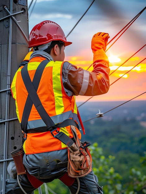 A man wearing a hard hat is stands or working on a electric power line or repairing the network