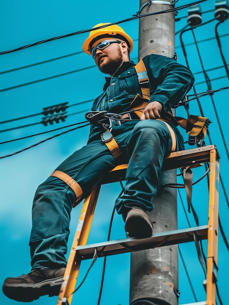 A man wearing a hard hat is stands or working on a electric power line or repairing the network