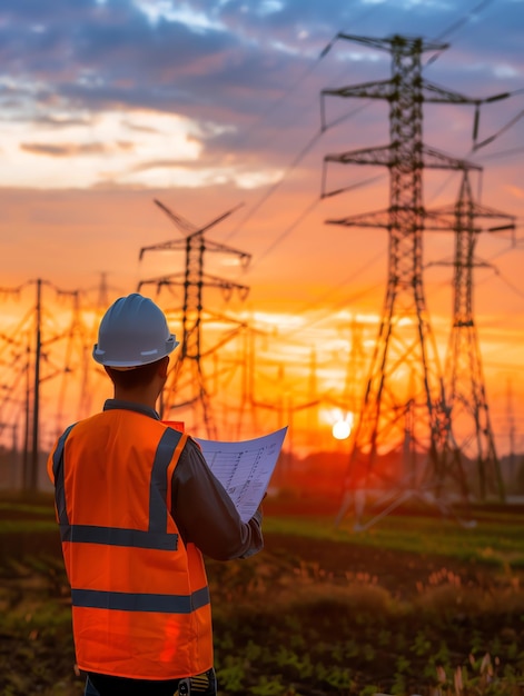 A man wearing a hard hat is stands or working on a electric power line or repairing the network