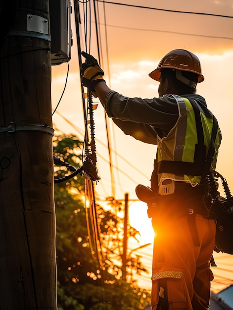 Photo a man wearing a hard hat is stands or working on a electric power line or repairing the network