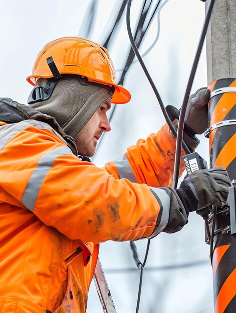 A man wearing a hard hat is stands or working on a electric power line or repairing the network