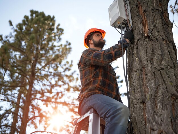 Photo a man wearing a hard hat is stands or working on a electric power line or repairing the network