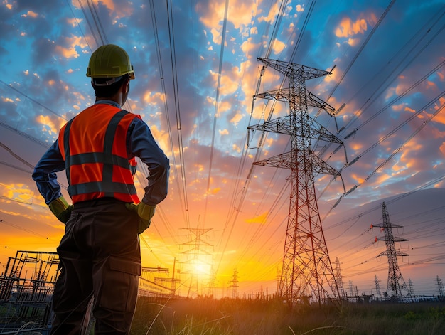 A man wearing a hard hat is stands or working on a electric power line or repairing the network