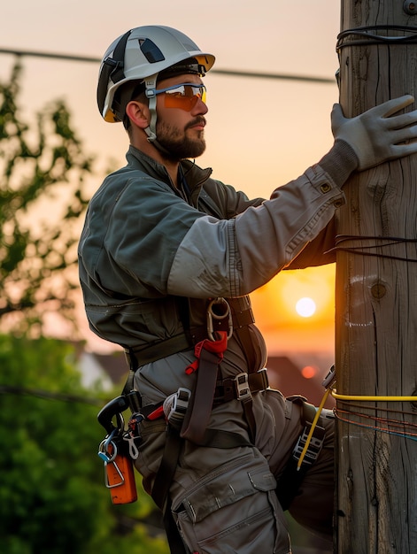 A man wearing a hard hat is stands or working on a electric power line or repairing the network