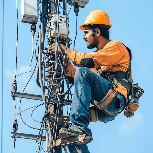 A man wearing a hard hat is stands or working on a electric power line or repairing the network