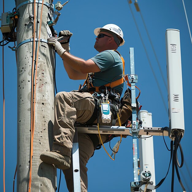 A man wearing a hard hat is stands or working on a electric power line or repairing the network