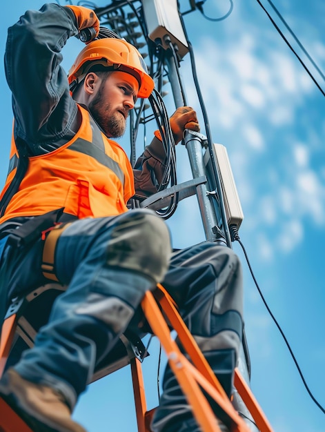 A man wearing a hard hat is stands or working on a electric power line or repairing the network