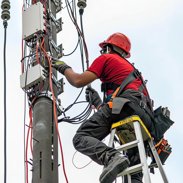 A man wearing a hard hat is stands or working on a electric power line or repairing the network