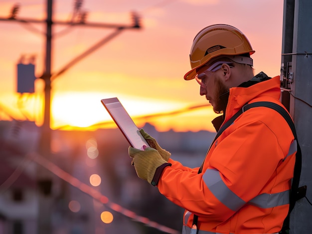 A man wearing a hard hat is stands or working on a electric power line or repairing the network