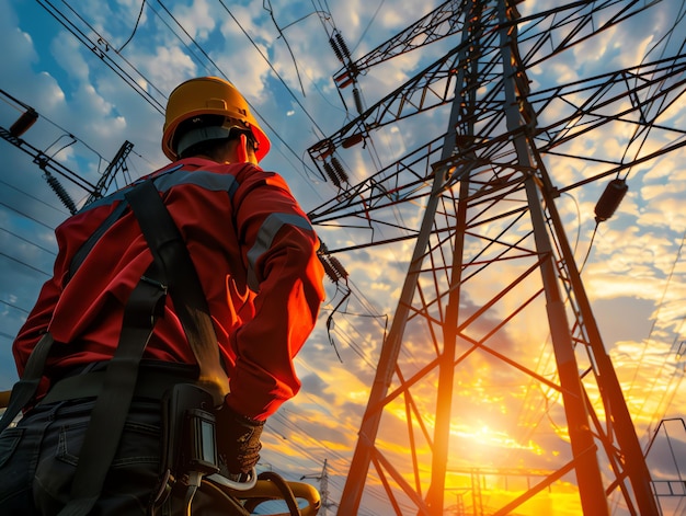 A man wearing a hard hat is stands or working on a electric power line or repairing the network