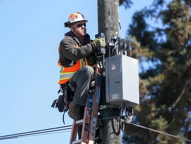 A man wearing a hard hat is stands or working on a electric power line or repairing the network