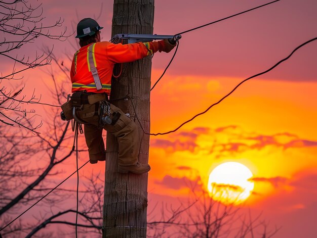 Photo a man wearing a hard hat is stands or working on a electric power line or repairing the network