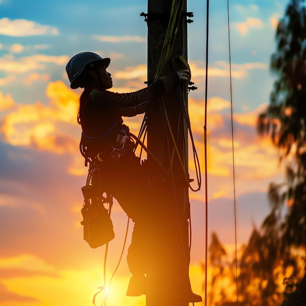 A man wearing a hard hat is stands or working on a electric power line or repairing the network