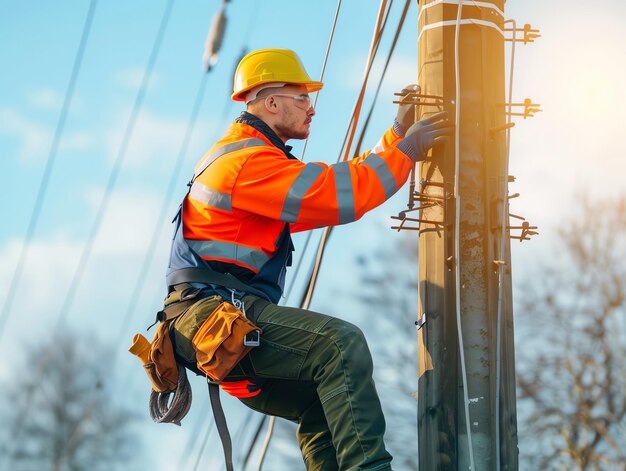 A man wearing a hard hat is stands or working on a electric power line or repairing the network